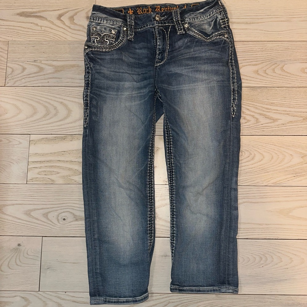 Rock Revival Yanka Easy Crop Jeans Size 26 Embellished Fleur De Lis